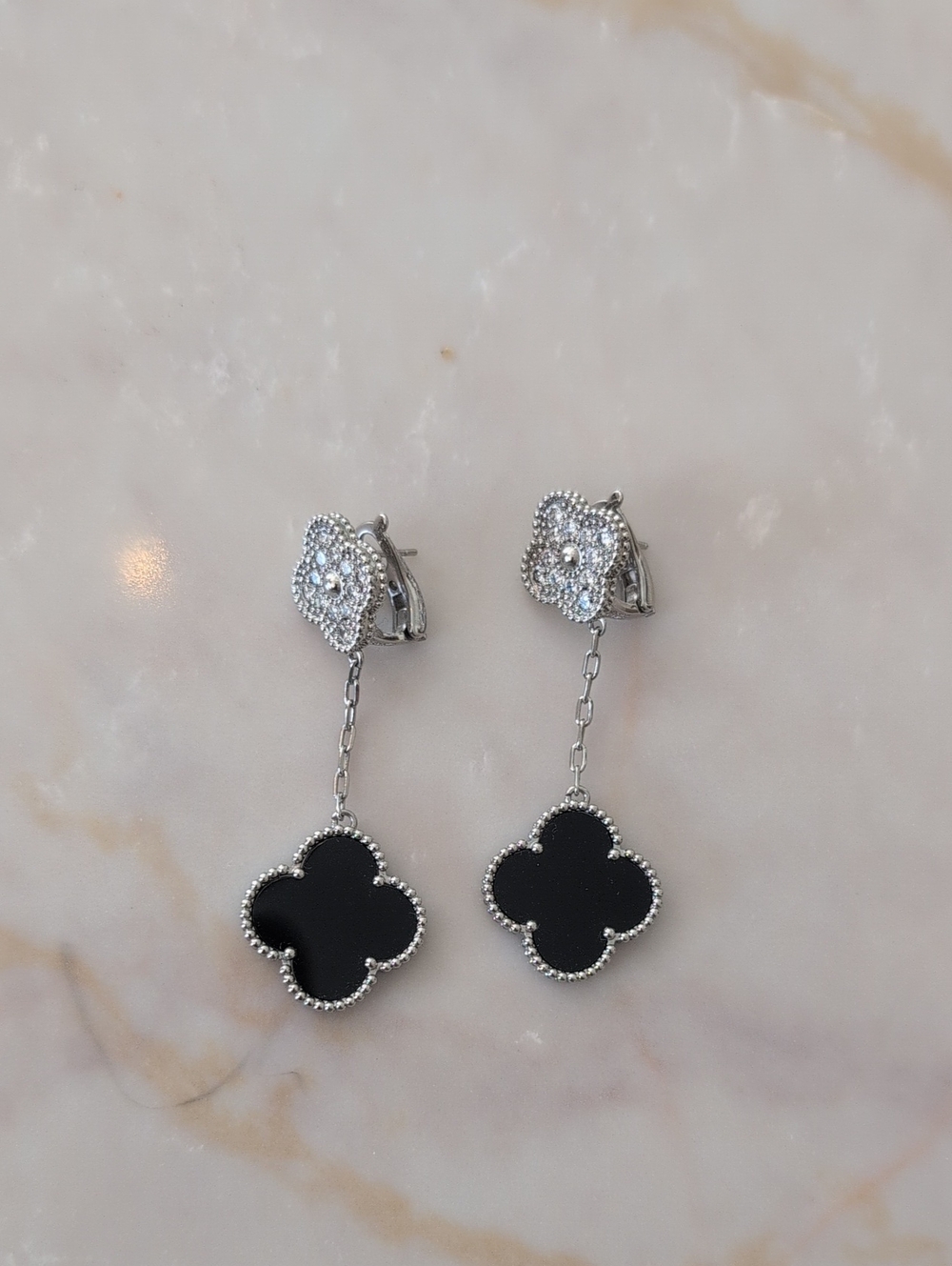 925 Silver-Tone Black Clover Drop Earrings